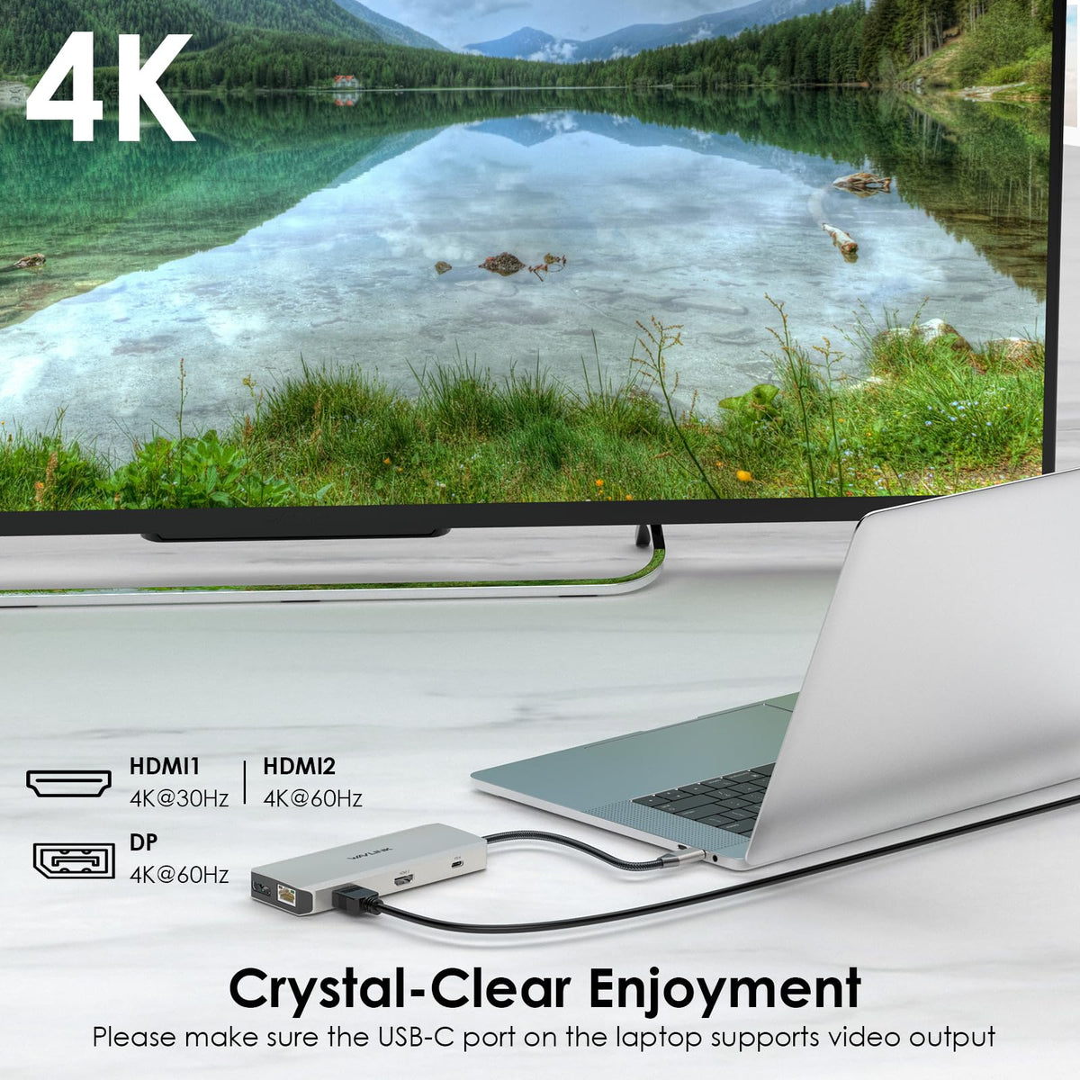 WAVLINK dock with HDMI and DisplayPort cables connected for multi‑display productivity