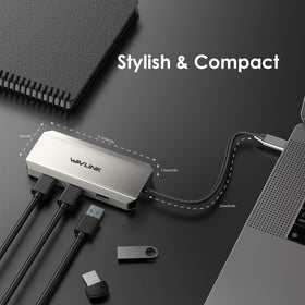 WAVLINK dock in office with three monitors showing productivity boost
