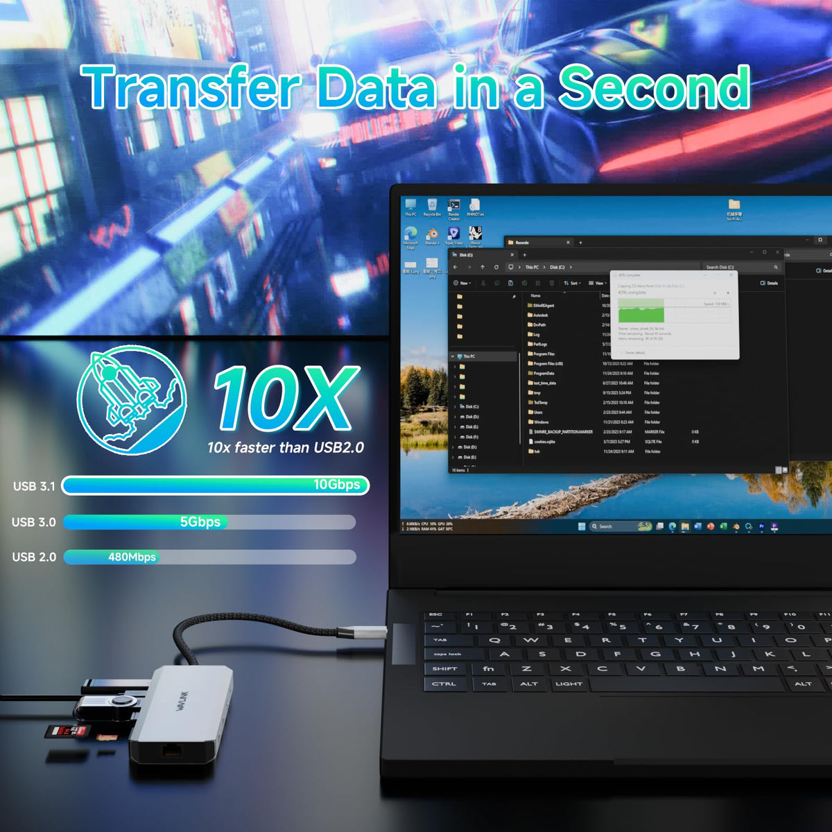 WAVLINK dock connected to laptop on a desk for tidy workspace benefit