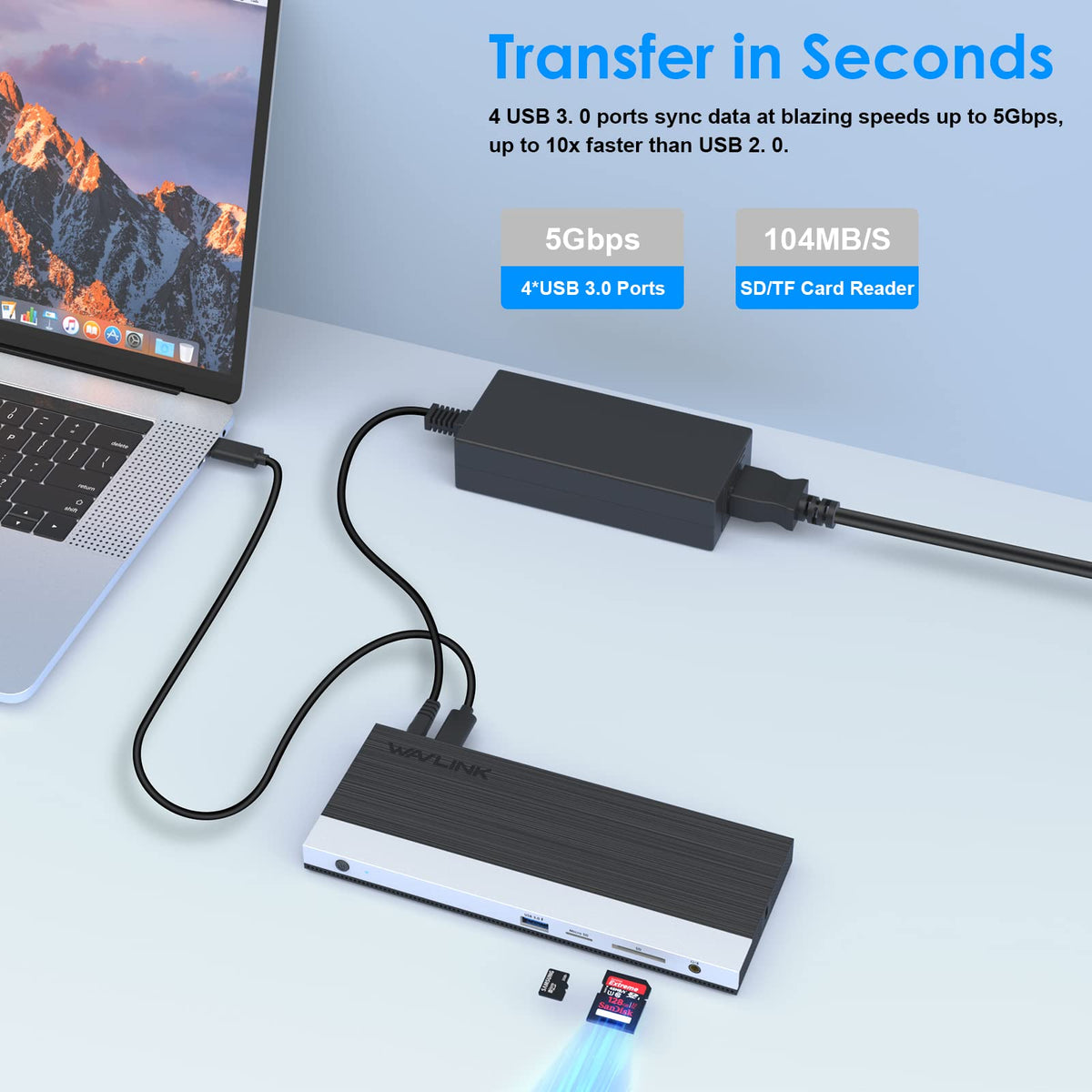 WAVLINK dock attached to laptop with three monitors demonstrating multitasking boost benefit