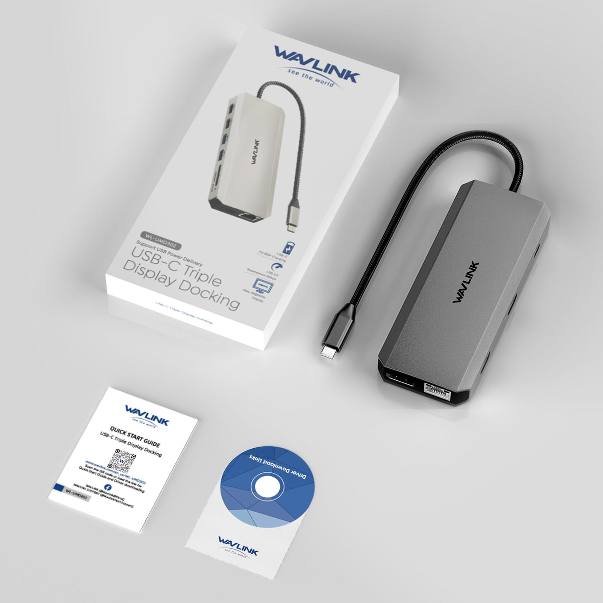 WAVLINK placed on a home office desk powering laptop, monitors and accessories