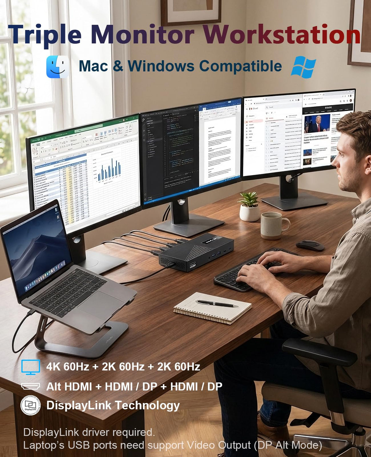 WAVLINK docking station powers MacBook with 100W PD during work sessions.