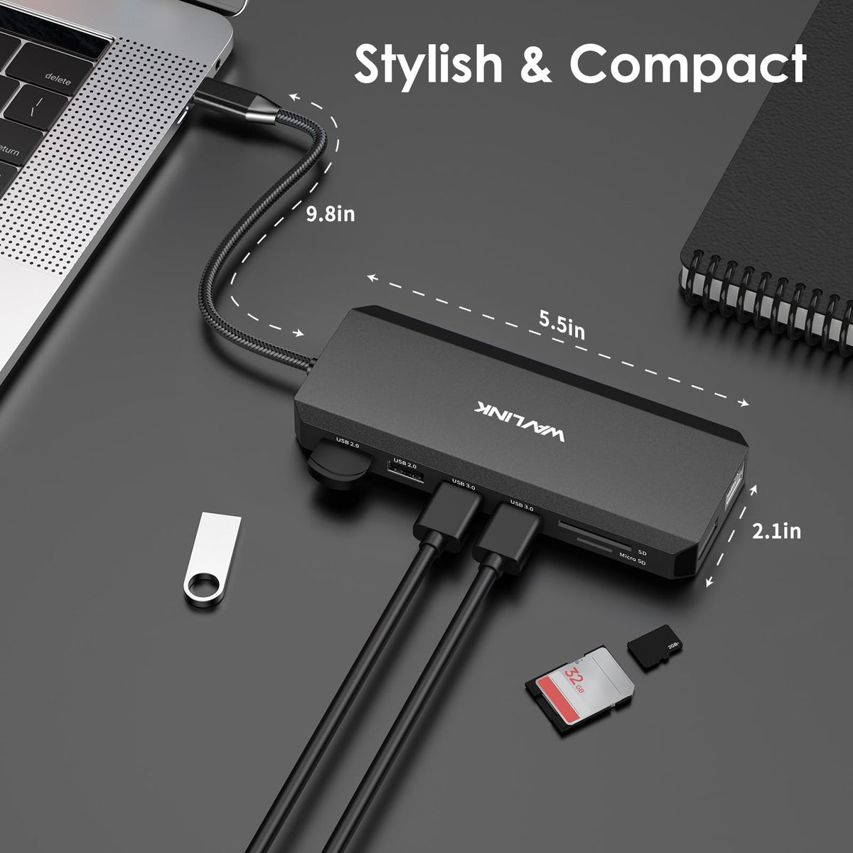 WAVLINK dock on desk with laptop and accessories showcasing a clean multi-monitor setup