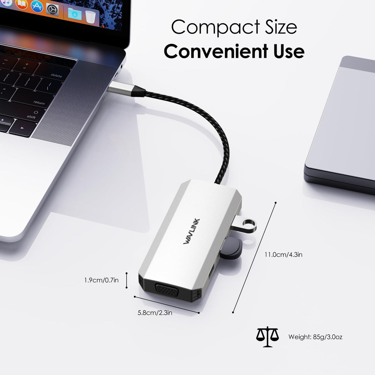 WAVLINK dock on desk lifestyle scene showcasing clutter-free workstation benefits