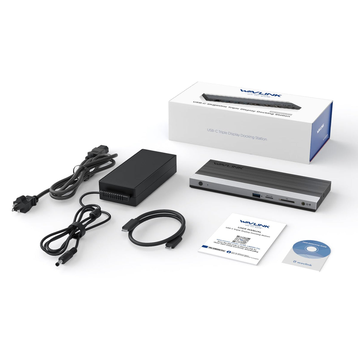 WAVLINK docking station on desk lifestyle shot showing tidy workstation and simplified cable management