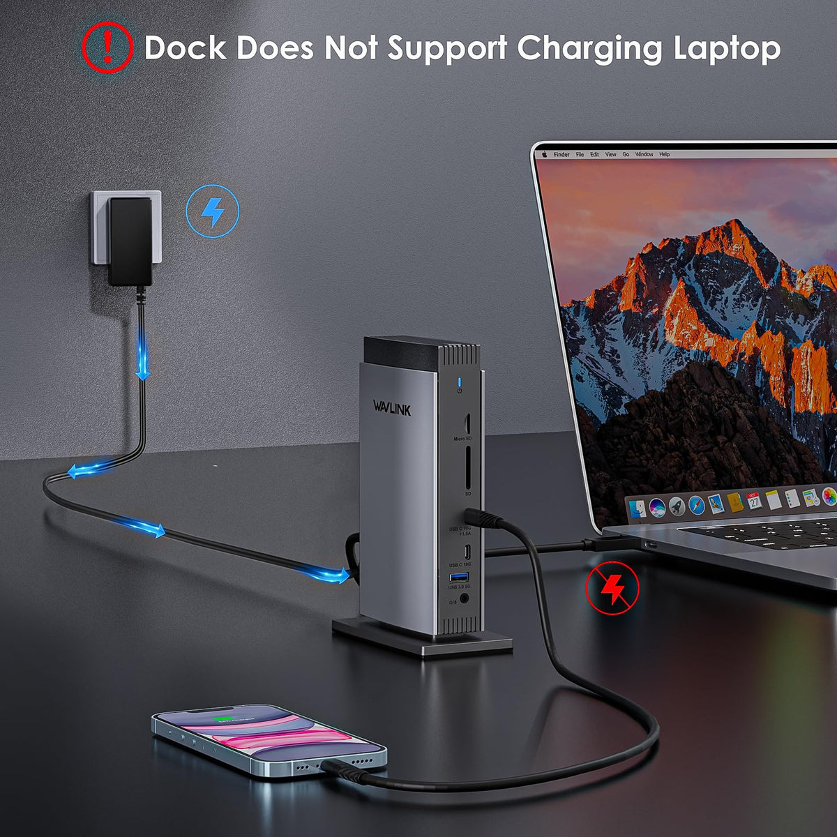 WAVLINK dock connected to multiple peripherals via USB-C and HDMI for productivity.