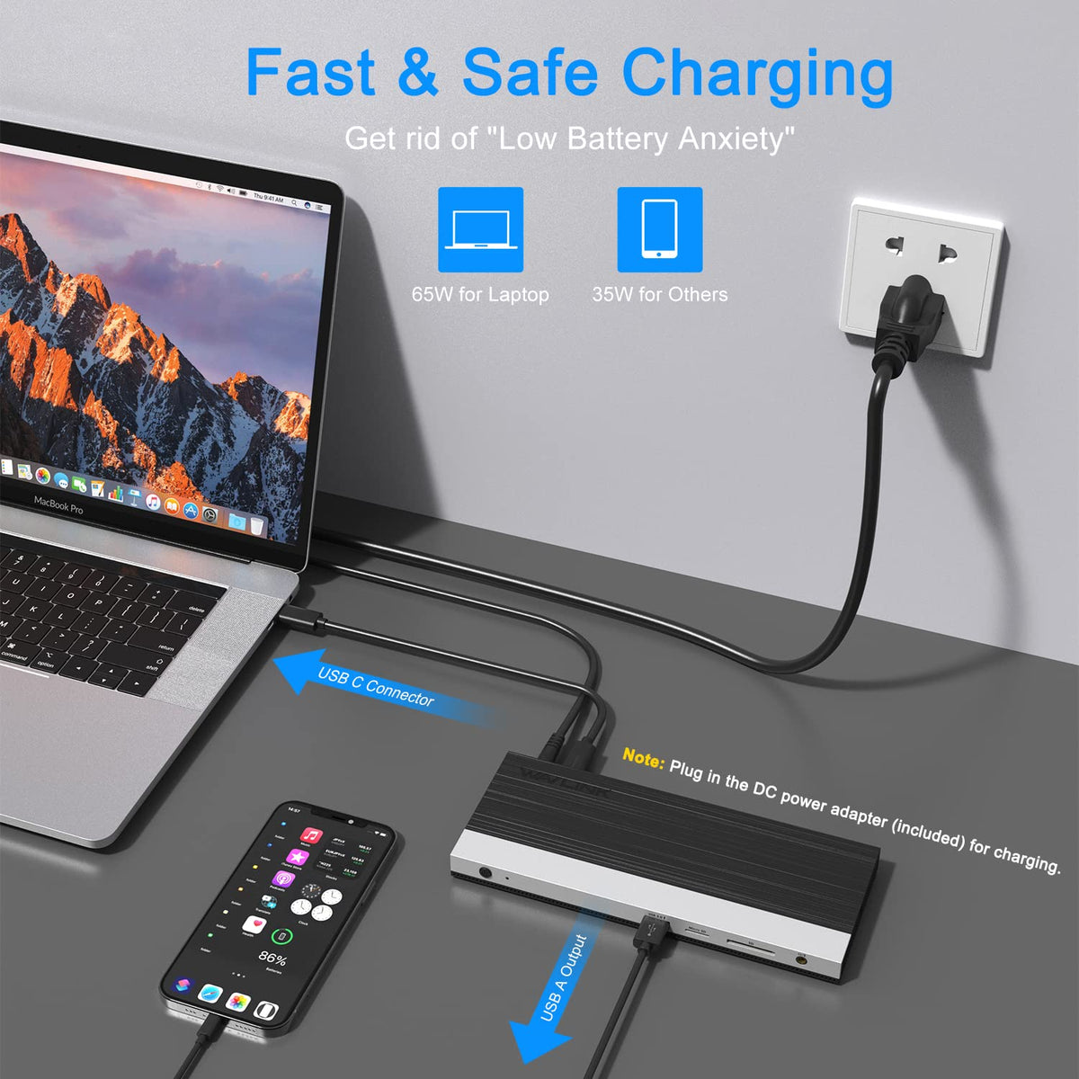 WAVLINK dock beside a smartphone and pen for size comparison and portability benefit