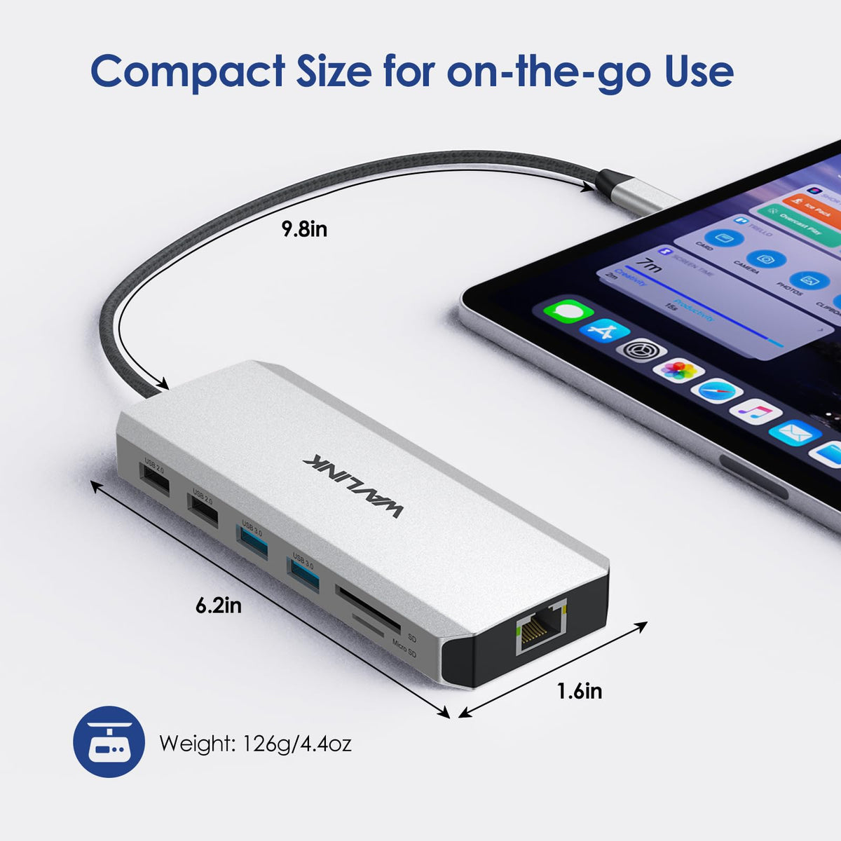 WAVLINK dock next to ruler showing compact size and easy portability