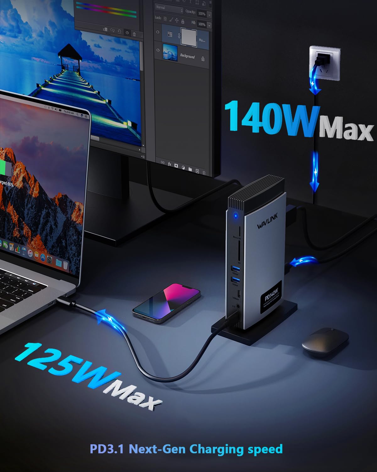 WAVLINK power adapter and cable connected to dock demonstrating included 140W PD3.1 supply for fast charging