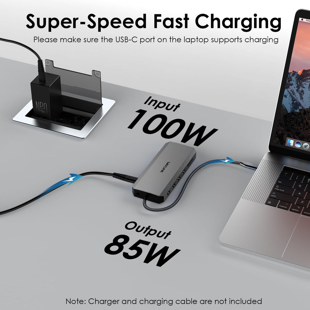 WAVLINK side view showing PD power and Gigabit Ethernet for stable charging and network
