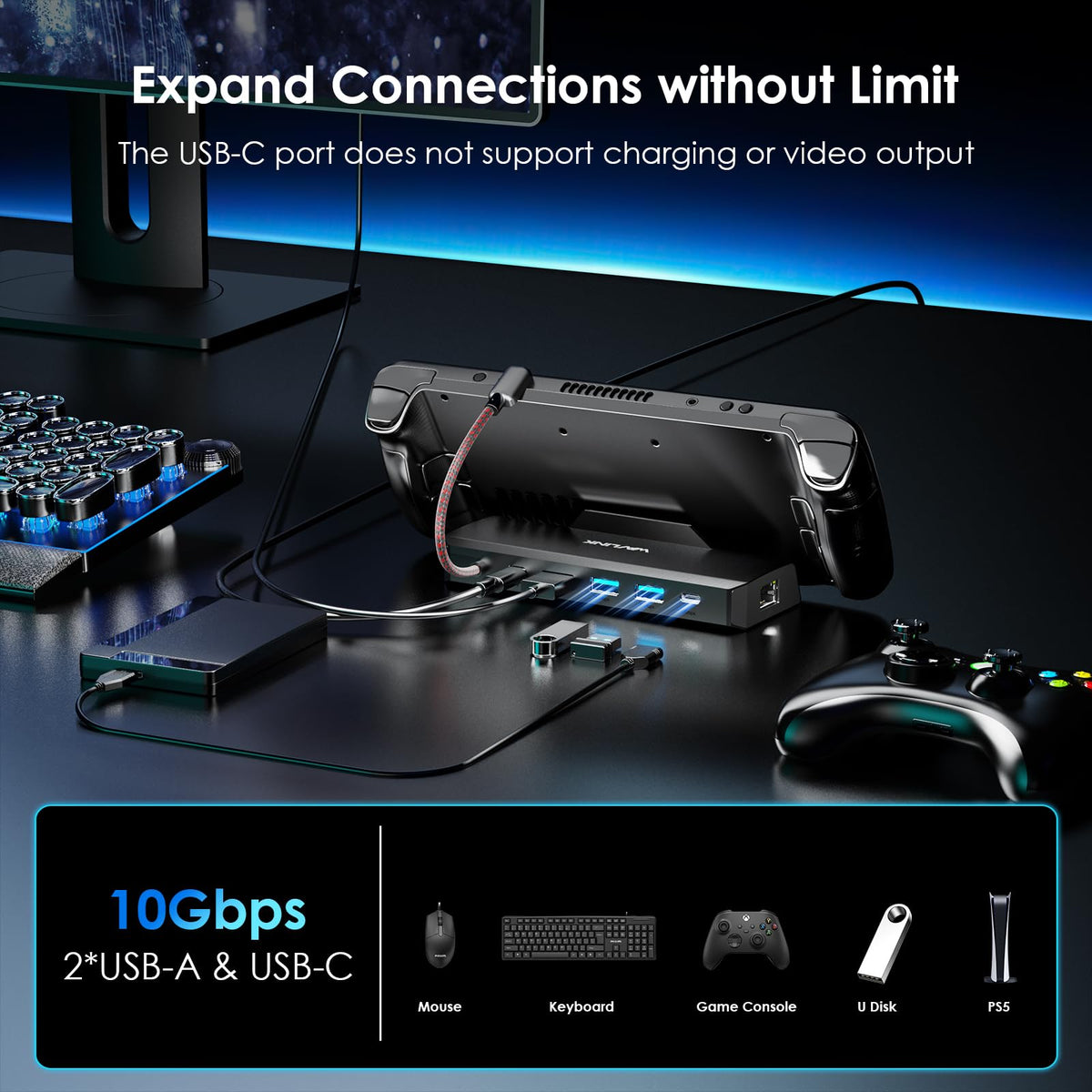 WAVLINK dock side profile with scale showing pocketable size and easy portability