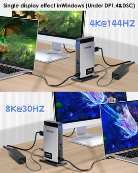 WAVLINK dock next to laptop illustrating compact footprint and space-saving advantage