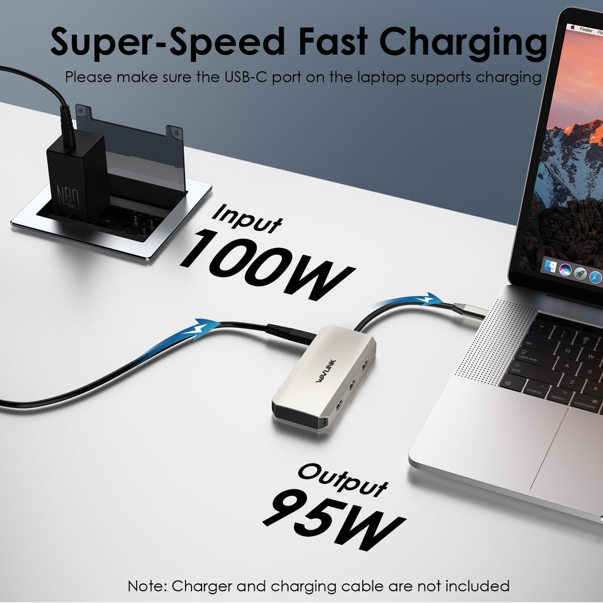 WAVLINK dock beside laptop illustrating compact size and space-saving benefit