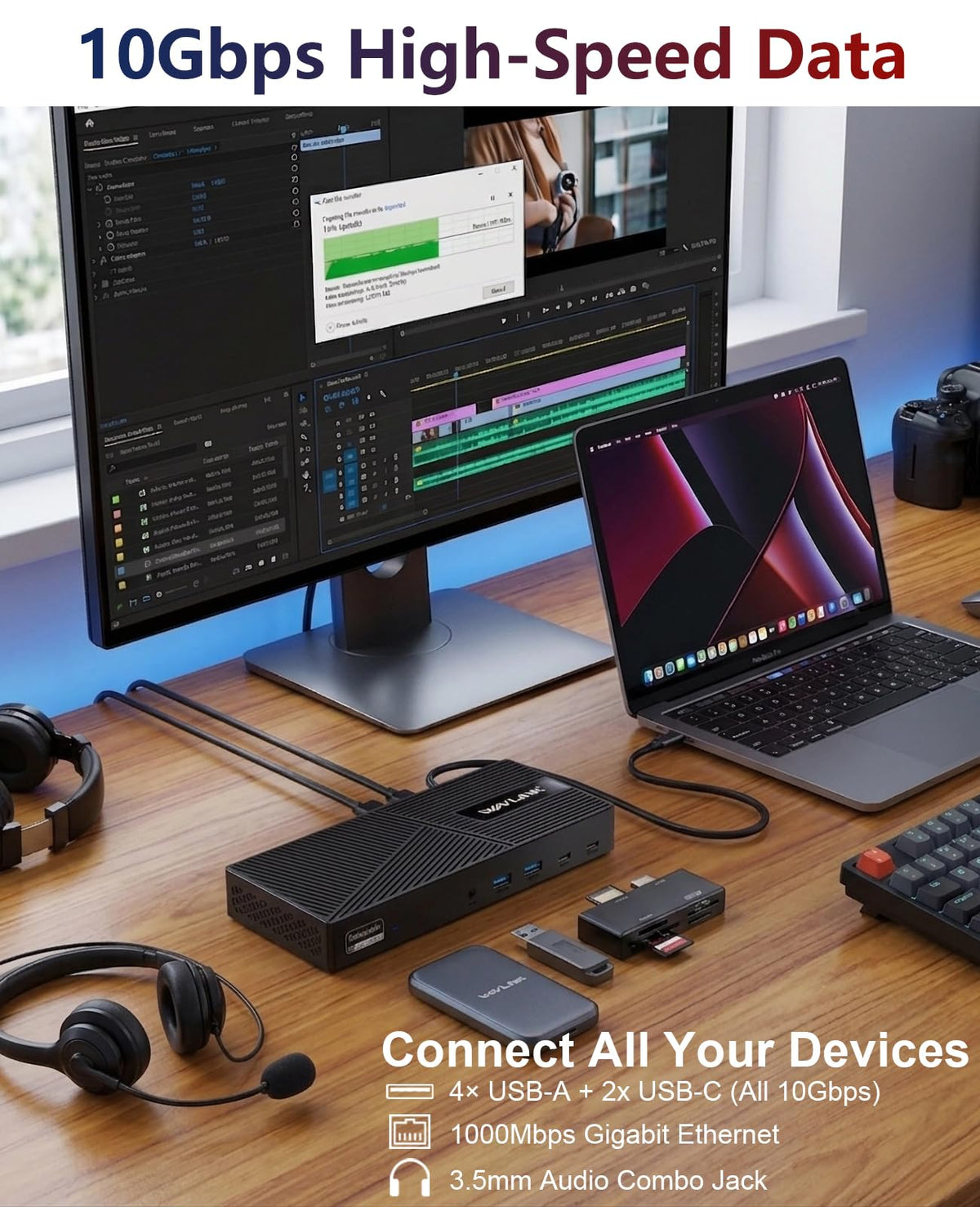WAVLINK USB-C dock with 10Gbps ports for fast transfers.