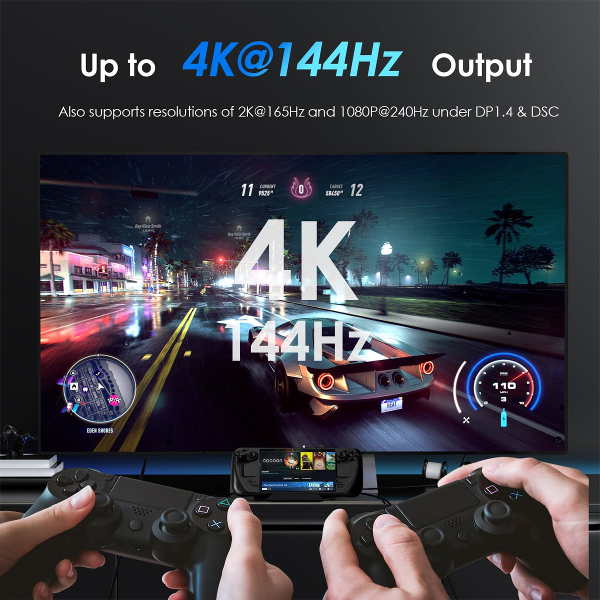 WAVLINK dock USB ports detail showing three 10Gbps ports for fast transfers