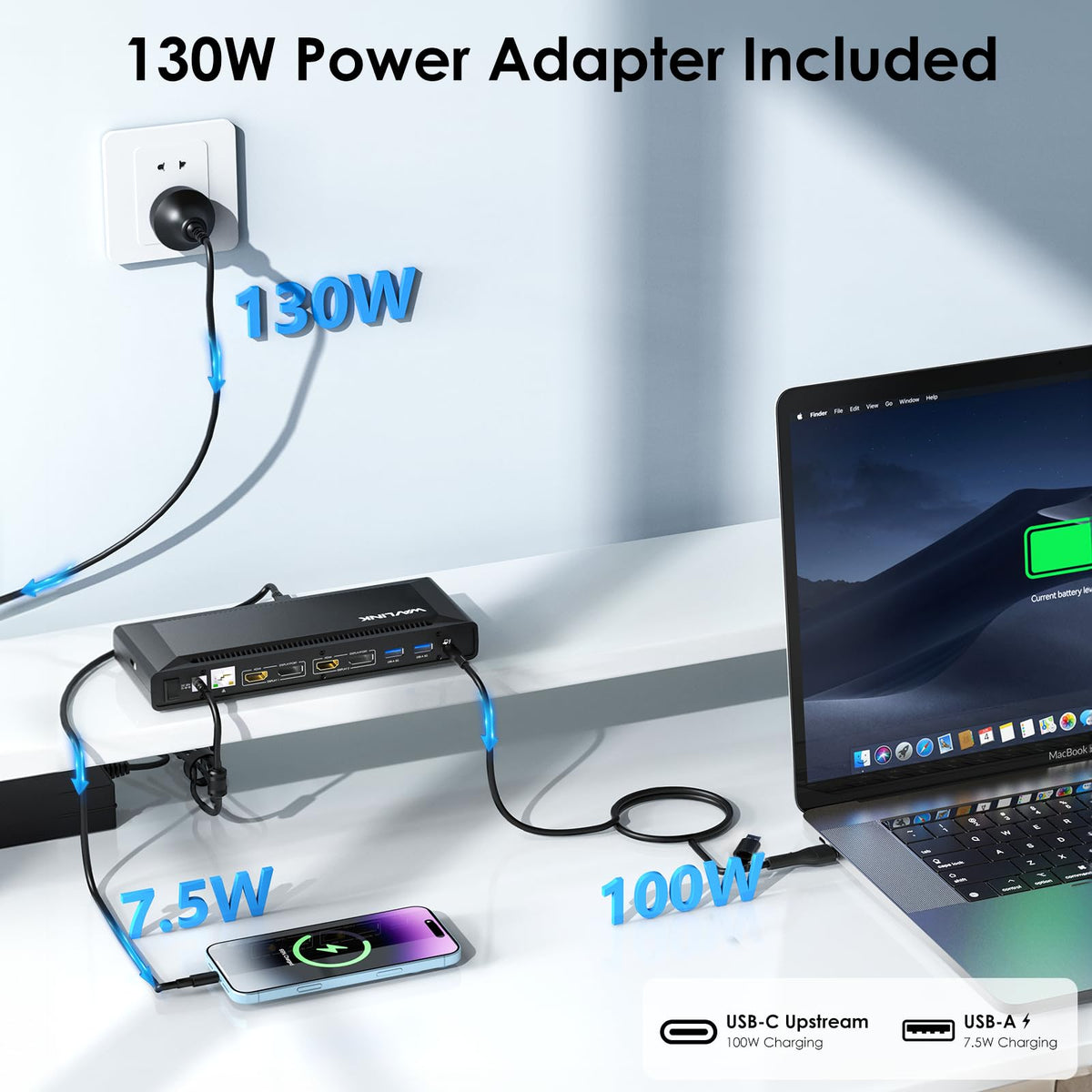 WAVLINK docking station 100W PD charging keeps laptops powered.