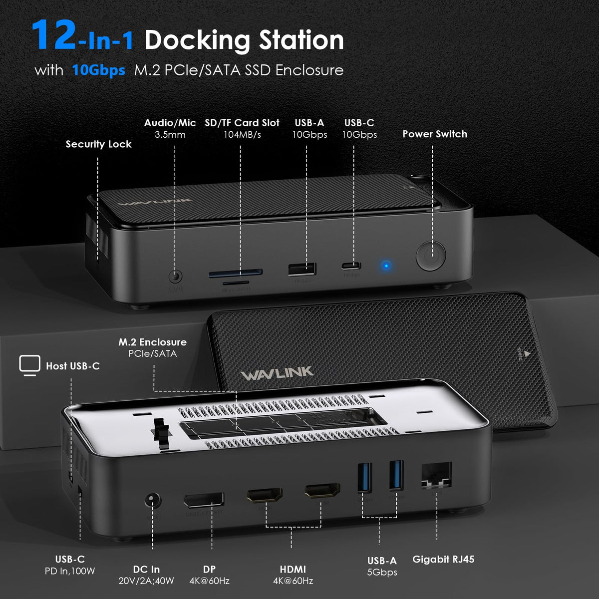 WAVLINK docking station back ports emphasizes extensive connectivity for expanding workspace