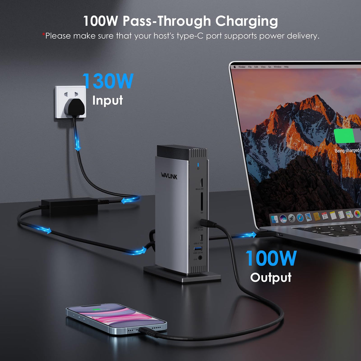 WAVLINK docking station compatible with Mac and Windows laptops in a sleek setup