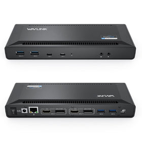 WAVLINK docking station with dual monitors enables a clutter-free 5K setup.