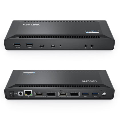 WAVLINK docking station with dual monitors enables a clutter-free 5K setup.