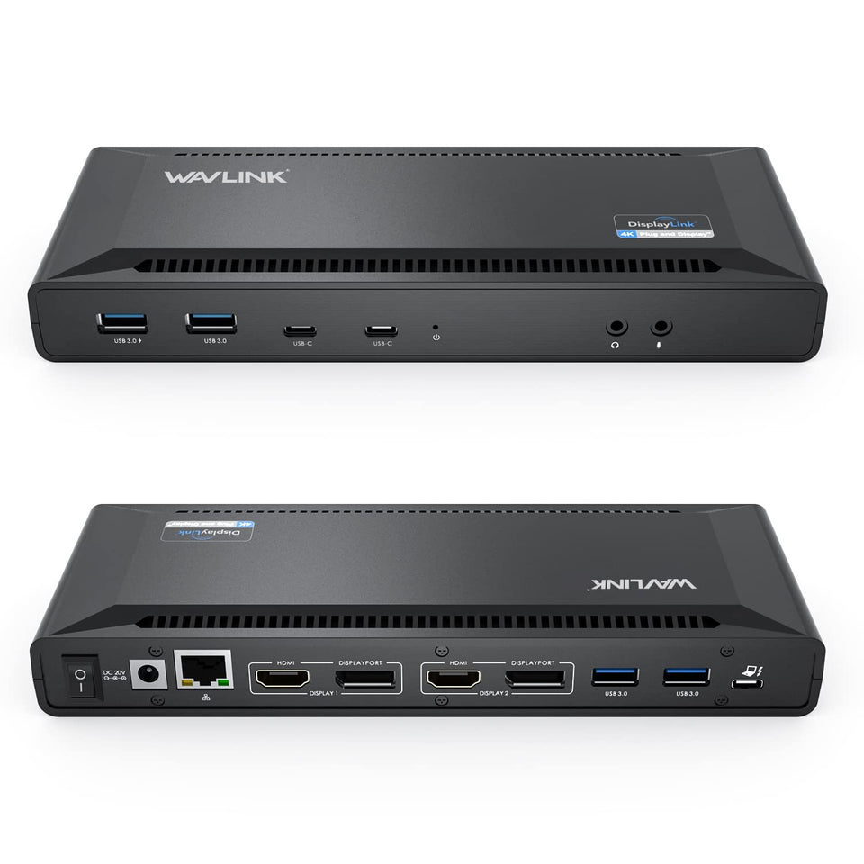 WAVLINK docking station with dual monitors enables a clutter-free 5K setup.