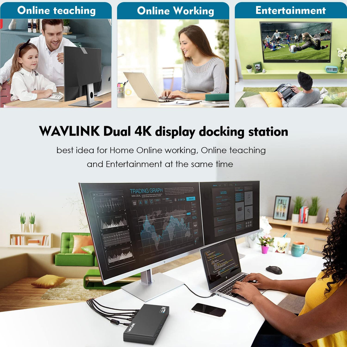 WAVLINK docking station featuring Gigabit Ethernet for fast wired networking.