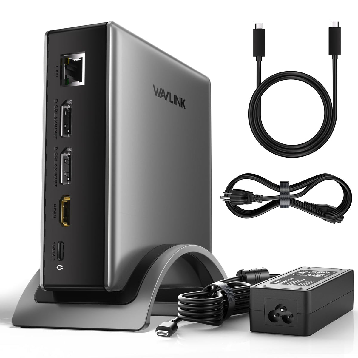 WAVLINK docking station front view with three monitor outputs for expanded workspace