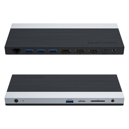 WAVLINK docking station front view showing compact design and multiple ports for workspace expansion