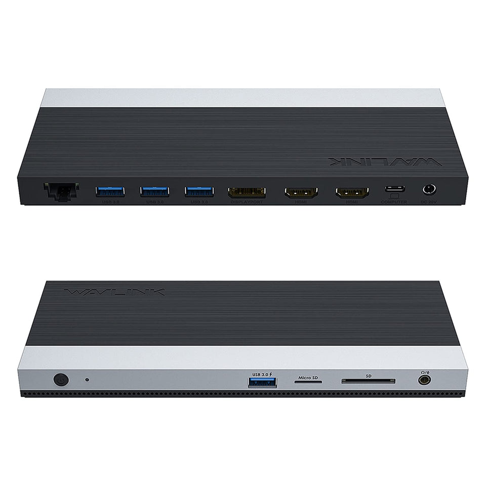 WAVLINK docking station front view showing compact design and multiple ports for workspace expansion