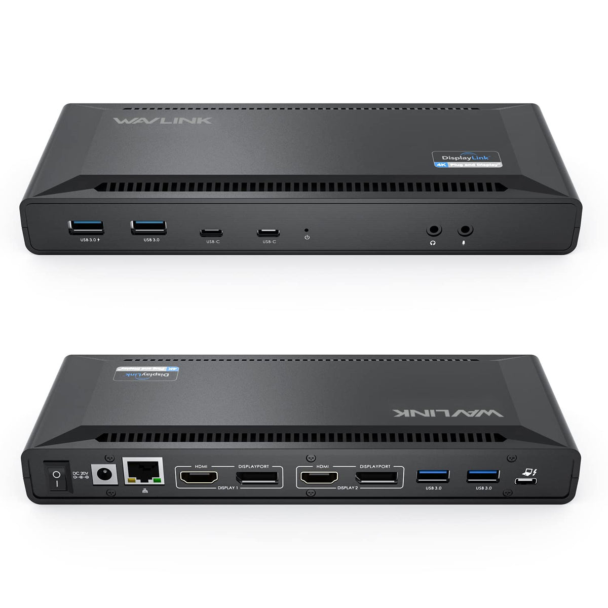 WAVLINK docking station front view with accessible ports for a tidy desk.