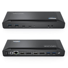 WAVLINK docking station front view with accessible ports for a tidy desk.