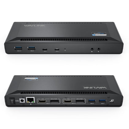 WAVLINK docking station front view with accessible ports for a tidy desk.