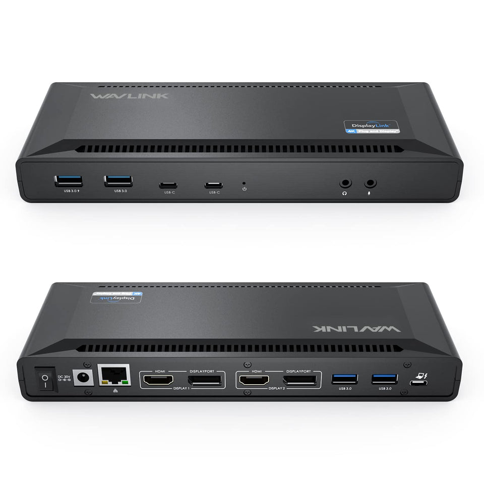 WAVLINK docking station front view with accessible ports for a tidy desk.