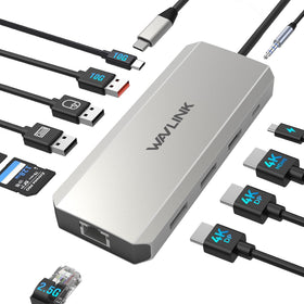 WAVLINK docking station front view showing ports and compact design benefit