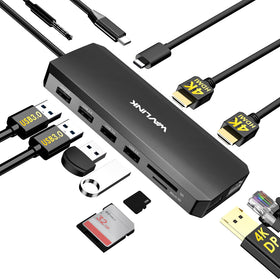 WAVLINK docking station front view showing ports and compact design for tidy desks