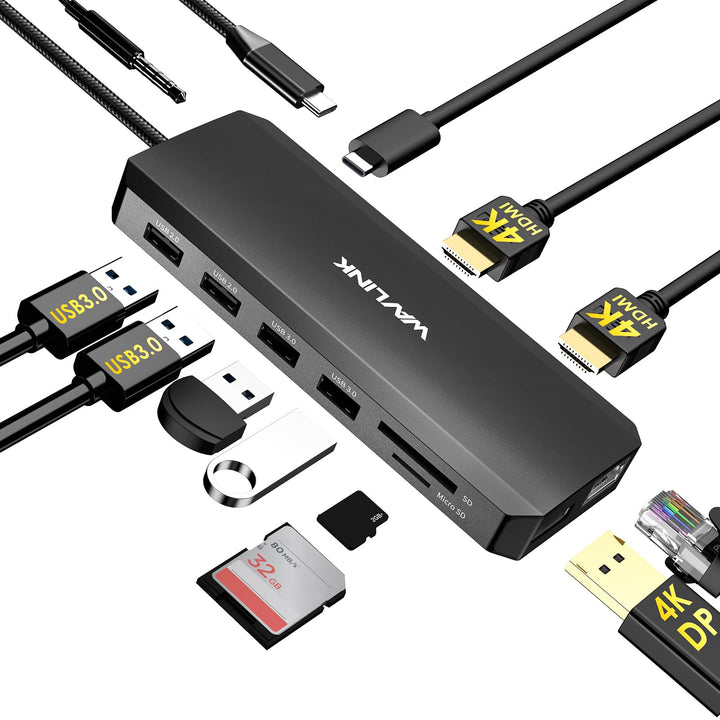 WAVLINK docking station front view showing ports and compact design for tidy desks