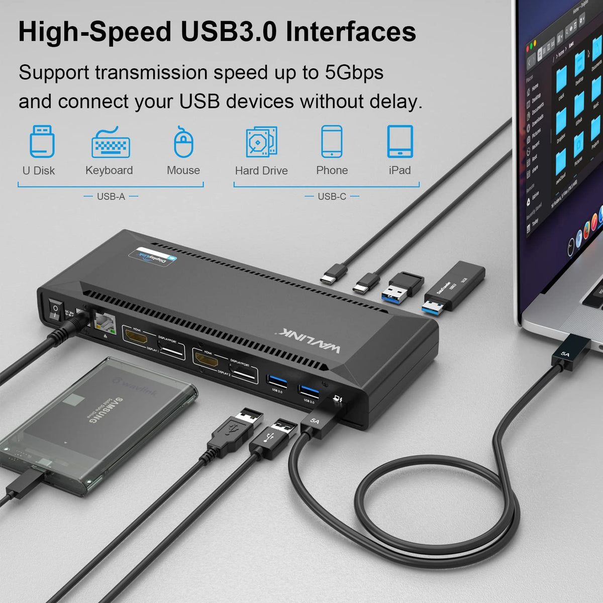 WAVLINK docking station box includes power adapter and cables for quick setup.