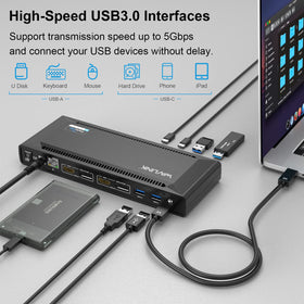 WAVLINK docking station box includes power adapter and cables for quick setup.