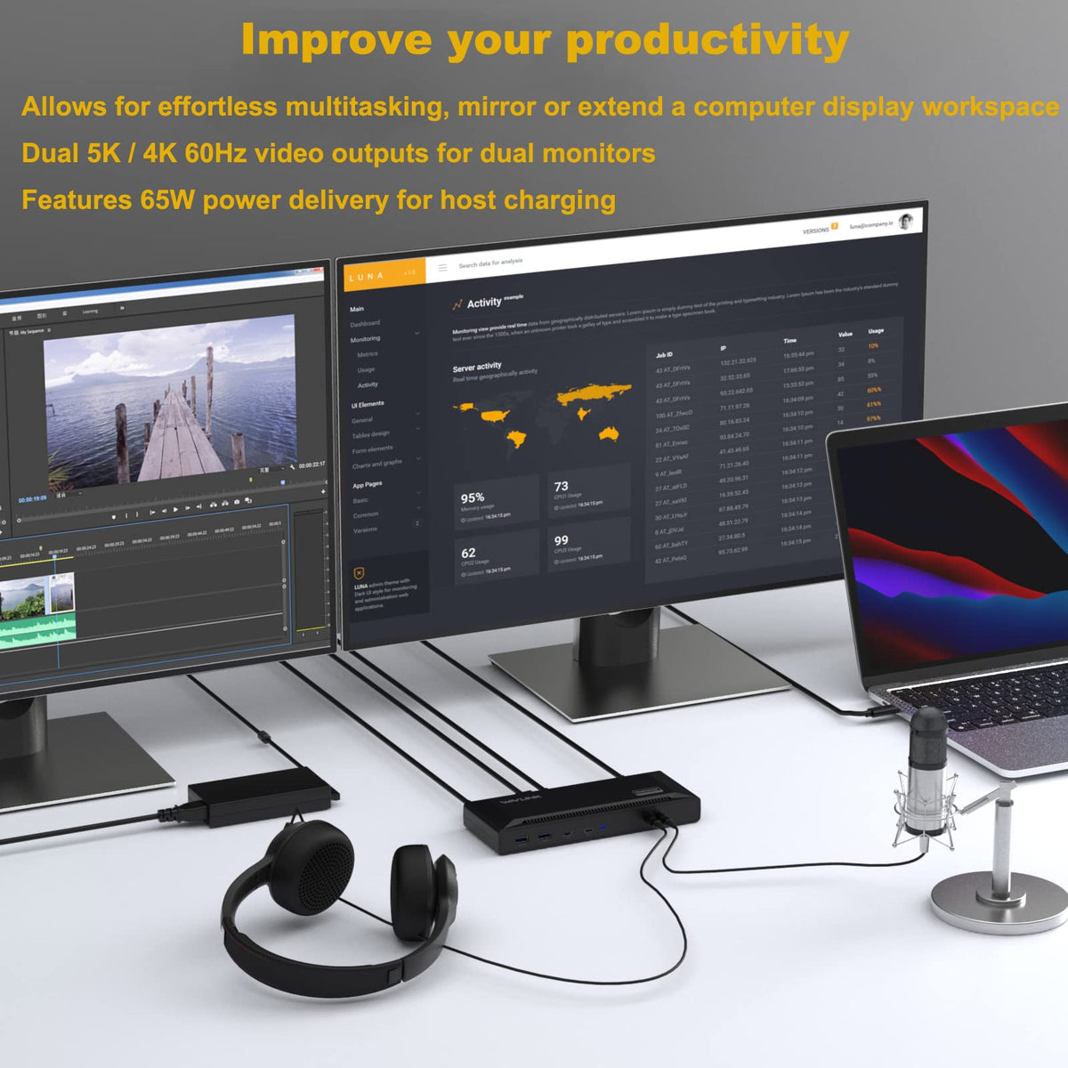 WAVLINK docking station with USB 3.0 ports and Ethernet enables fast transfers.