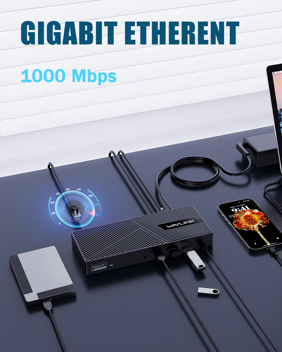 WAVLINK 130W power delivery dock charging a laptop via USB-C.