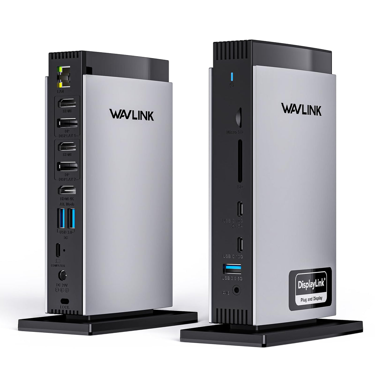 WAVLINK docking station front view showcasing triple-monitor setup for multitasking