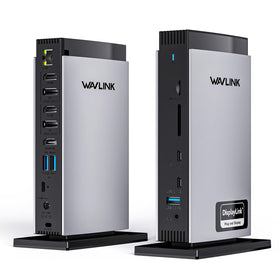 WAVLINK docking station front view showcasing triple-monitor setup for multitasking