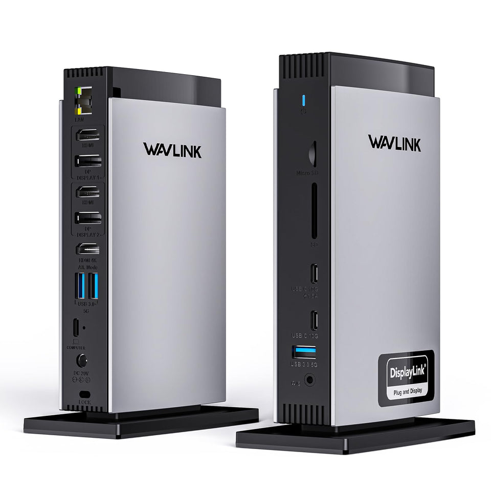 WAVLINK docking station front view showcasing triple-monitor setup for multitasking