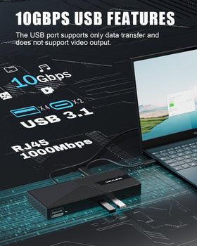 WAVLINK dock with four USB 3.1 and two USB-C 10Gbps ports for fast data transfers.