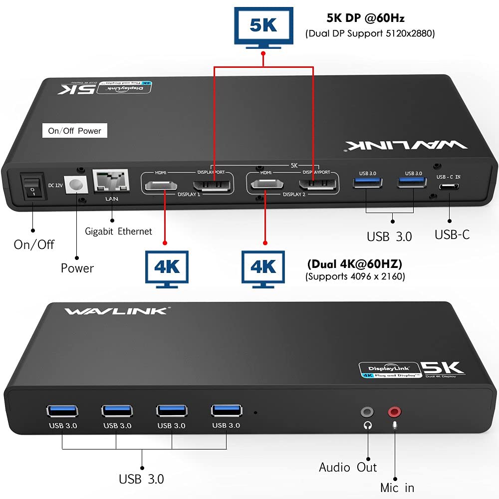 WAVLINK docking station with six USB 3.0 ports for fast peripheral transfers.