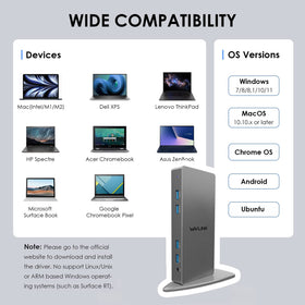 WAVLINK dock DisplayPort outputs enable high-resolution displays and extended desktops.