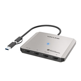 WAVLINK front view of hub showing HDMI outputs and USB connector for easy multi-monitor setup