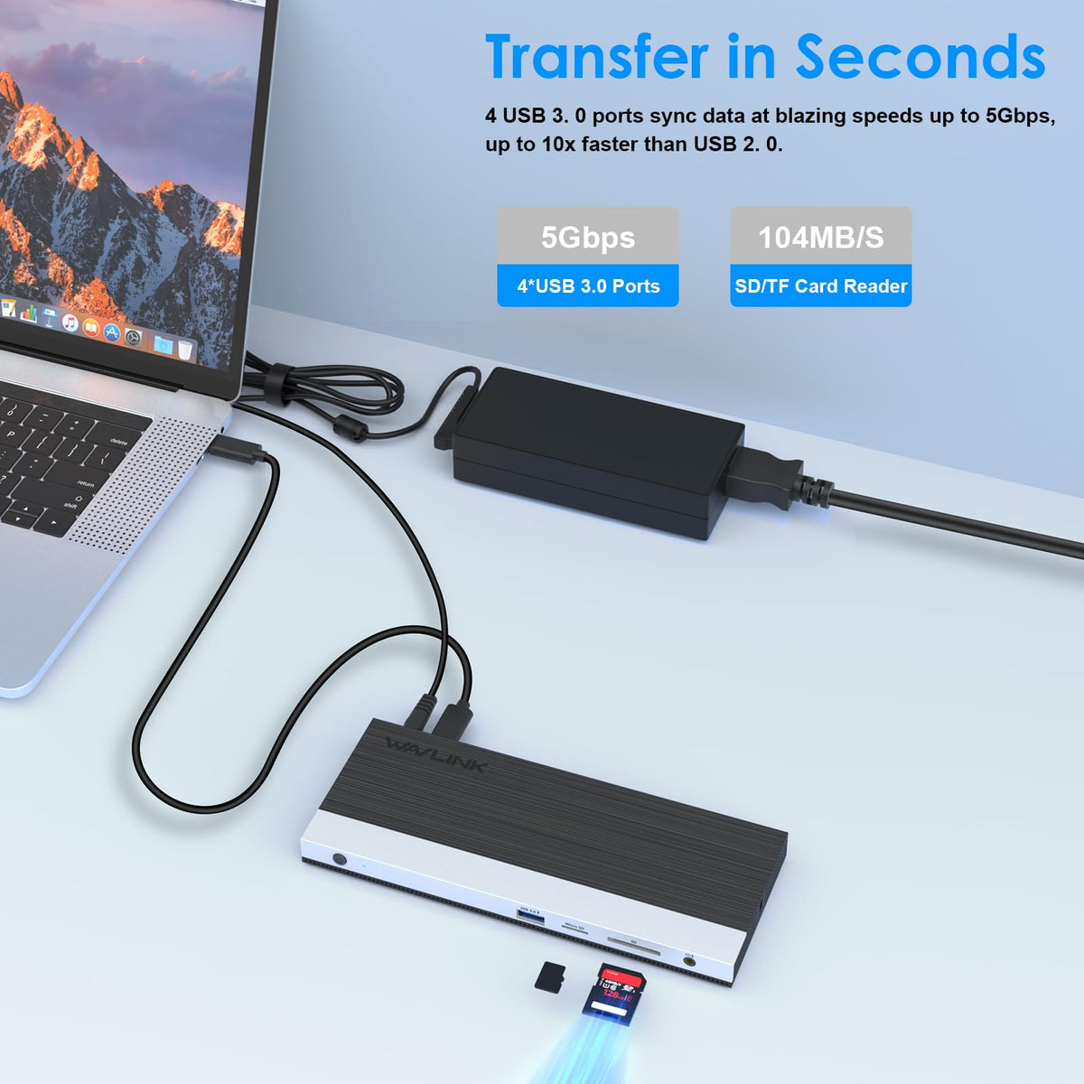 WAVLINK dock powering a laptop with three external monitors demonstrating multi-screen productivity setup