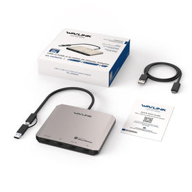 WAVLINK packaging and manual laid out showing included documentation and driver instructions