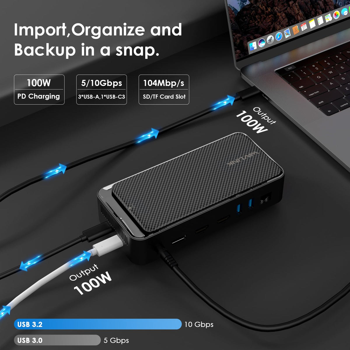 WAVLINK PD input port image highlights charging compatibility with compatible laptops